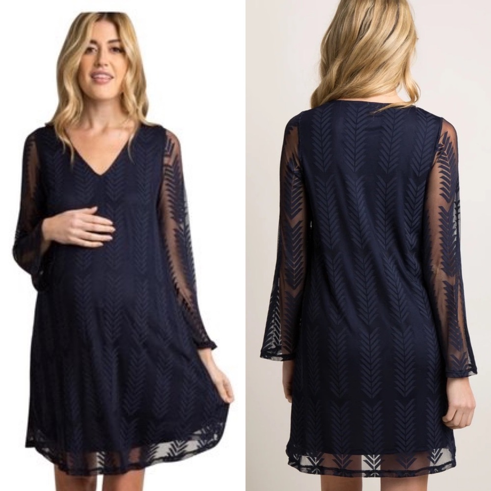 Pinkblush Maternity navy mesh overlay dress